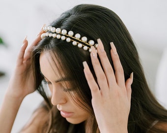 Diadema de doble banda de perlas, corona, postizo, accesorio de boda, novia, tocado de boda de oro, accesorios para el cabello, diadema, corona de perlas