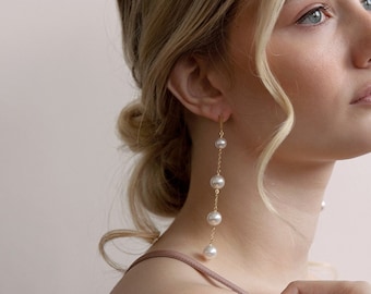 Gwen - Long Pearl Drop Earrings, gold earrings, bridal earrings, pearl earrings, long earrings, wedding pearl earrings, dainty gold earrings