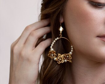 Lillian - Gold Rose and Pearls Hoop Statement Earrings, gold earrings, bridal earrings, pearl earrings, hoops, wedding, flower earrings