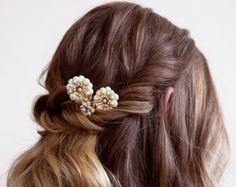 Daisy - Ensemble de trois épingles à cheveux de fleurs blanches et dorées - Tête de mariage, Boho, épingles à cheveux, Nuptiale, Accessoire pour cheveux, bâtonnets de cheveux, peignes de mariage