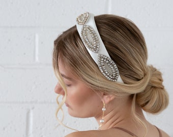 Charlotte - Large Padded White and Sparkling Silver Headband, Bridal Hair Piece, wedding hair, Satin Padded Wedding Headband, Glam Wedding