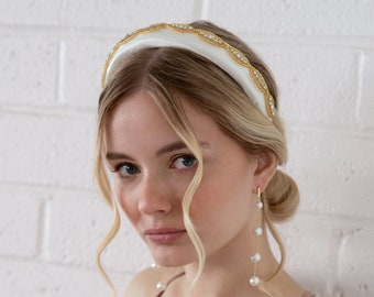 Kate - Padded White and Sparkling Gold or Silver Headband, Bridal Hair Piece, wedding hair, Satin Padded Wedding Headband, Glam Wedding