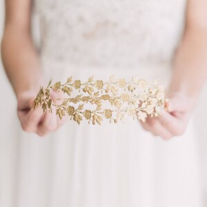 May include: A gold floral crown with delicate leaves and small roses. The crown is made of metal and has a delicate, feminine design.
