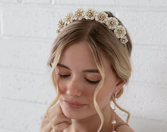 Muriel - Gold and White Flower Crown – Wedding Head Piece, Boho Hair Piece, Headband, Bridal, Hair accessory, statement crown, wedding tiara