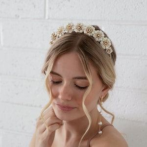 Muriel Gold and White Flower Crown Wedding Head Piece, Boho Hair Piece, Headband, Bridal, Hair accessory, statement crown, wedding tiara image 1