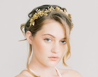 Golden Poppy Crown - Gold Flower Bridal Crown, Floral head piece, boho crown, Bridal Head Piece, wedding Headband, Hair Vine, flower wreath