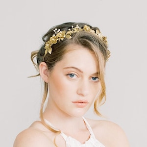 Golden Poppy Crown - Gold Flower Bridal Crown, Floral head piece, boho crown, Bridal Head Piece, wedding Headband, Hair Vine, flower wreath