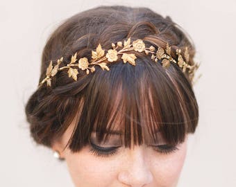 Couronne de fleurs sauvages - Un bandeau de couronne nuptiale de belles fleurs sauvages dorées, or rose ou argentées, Boho, Halo, Couronne de fleurs, Mariage, Mariée