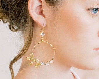 Golden Leaf Cluster Statement Earrings - Statement Earrings, Bridal jewelry, bridesmaid gift, wedding, large earrings, drops, vines