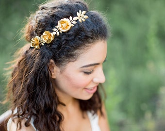 Golden Rose and Pearl Crown -  Bridal or Special Occasion Headband, Flower Crown, Boho Headband, Halo, Wedding headpiece