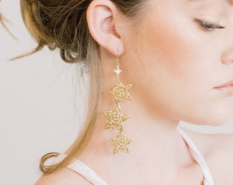 Triple Star Statement Dangle Earrings - Gold, Bridal jewelry, bridesmaid gift, wedding jewelry, drops, chandeliers, star, celestial, sky