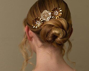 Ruffled Flower Gold and White Hairpins - Bridal hair pice, wedding hair piece, barrettes