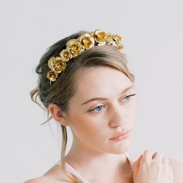 Rosebud Gold Crown – Wedding Head Piece, Boho Hair Piece, Headband, Bridal,  Flower, Hair Accessories, tiara, statement crown, wedding tiara