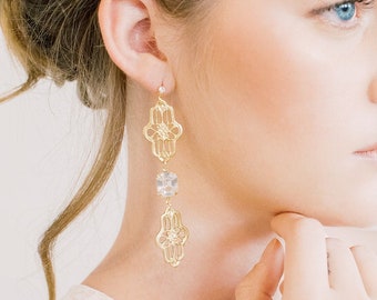 Art Deco Long Statement Earrings - Art deco jewelry, Gold earrings, Bridal jewelry, wedding, dangle drop, chandeliers, geometric, long