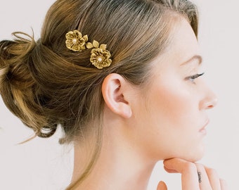 Mohnblüte Mini Kämme - Gold Hochzeit Kopfstück, Braut Haarschmuck, Haarspange, BrautBlumenkamm, Haarnadel, Haarspange, floraler Mohn gold