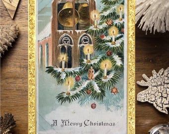 雪のキャンドルのヴィンテージクリスマスカード - 1908年のホリデープリント