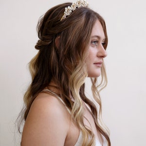Muriel Gold and White Flower Crown Wedding Head Piece, Boho Hair Piece, Headband, Bridal, Hair accessory, statement crown, wedding tiara image 5