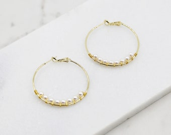 Tiny Pearl Hoop Earrings, gold hoops, swarovski pearls, bridal earrings, wedding, beaded earrings, classic, big hoop earrings, white pearls