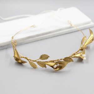 Calla Lily Crown, Boho Flower Crown for Wedding, Bridal Crown, Gold Wedding Head Piece, Hair Accessories image 5