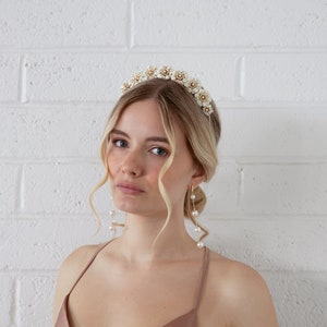 Muriel Gold and White Flower Crown Wedding Head Piece, Boho Hair Piece, Headband, Bridal, Hair accessory, statement crown, wedding tiara image 4