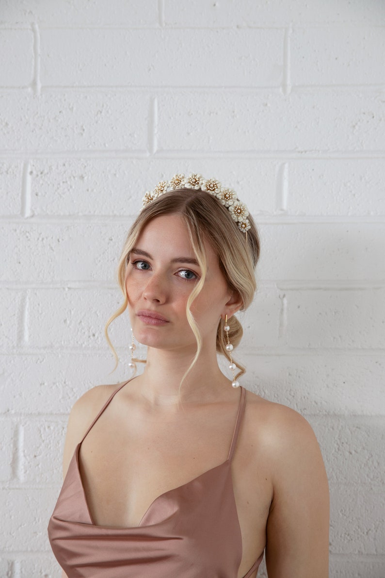 Muriel Gold and White Flower Crown Wedding Head Piece, Boho Hair Piece, Headband, Bridal, Hair accessory, statement crown, wedding tiara image 4