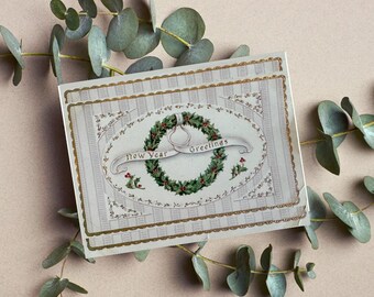 ゴールドとグリーンの新年カード、ヴィンテージクリスマス、ホリデーグリーティングカード
