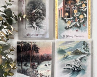 ヴィンテージ雪景色クリスマスカード4枚セット、ホリデーグリーティングカード