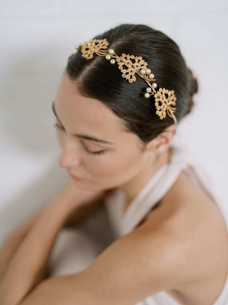 Lace Flower Crown, Hairpiece, Wedding Accessory, Bridal, Gold Wedding Head Piece, Hair Accessories, Headband, boho wedding, queen annes lace image 1