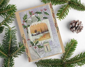 ヒイラギの葉の新年カード、ヴィンテージクリスマス、ホリデーグリーティングカード