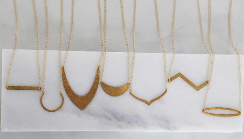 Geometric Hammered Brass Necklaces Seven different shapes Simple Gold jewelry image 3