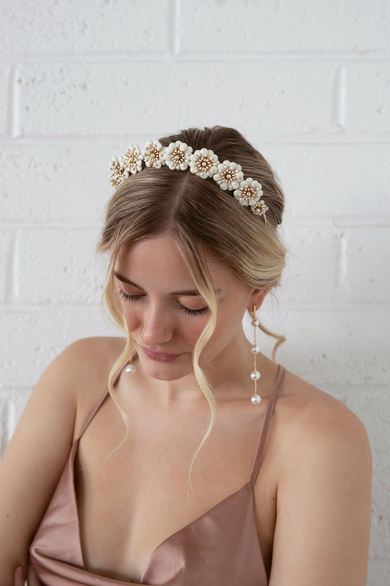 Muriel Gold and White Flower Crown Wedding Head Piece, Boho Hair Piece, Headband, Bridal, Hair accessory, statement crown, wedding tiara image 3