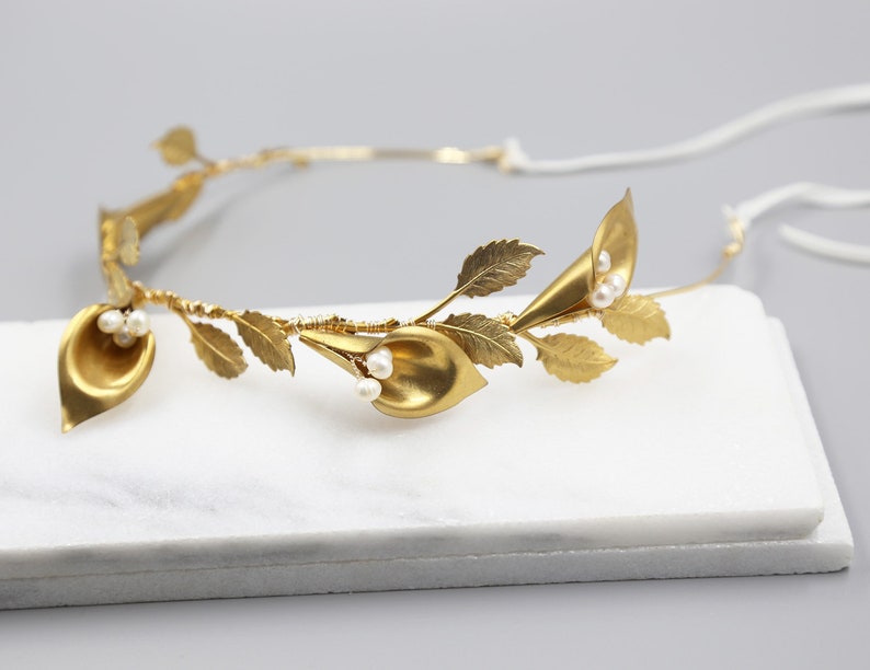 Calla Lily Crown, Boho Flower Crown for Wedding, Bridal Crown, Gold Wedding Head Piece, Hair Accessories image 7