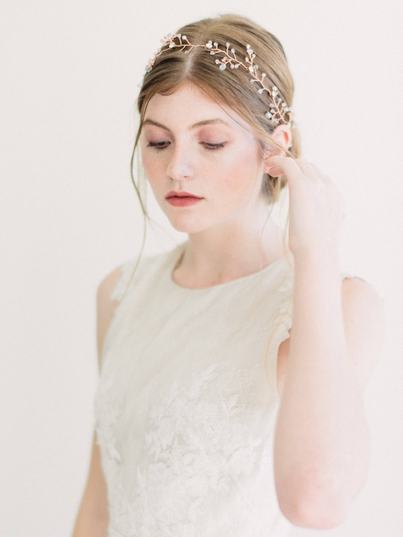 Rose Gold Swarovski Crystal Wedding Headband, Bridal Hair  display picture 3