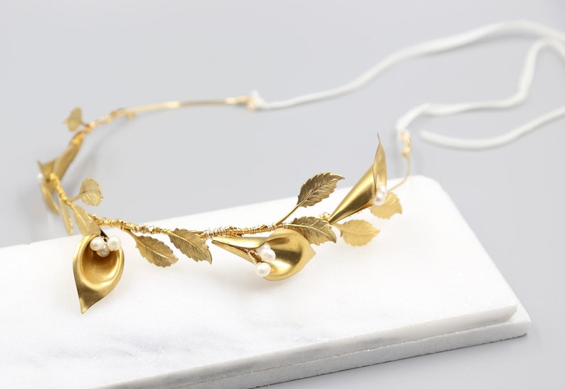 Calla Lily Crown, Boho Flower Crown for Wedding, Bridal Crown, Gold Wedding Head Piece, Hair Accessories image 8