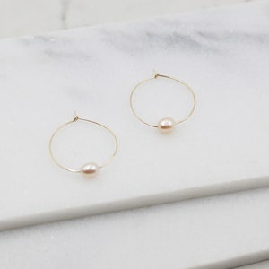 Small Pink Pearl and Gold Hoop Earrings, dangle, hoops, real pearls, bridal, wedding, beaded, classic, big hoop earrings, pastel, pink image 3