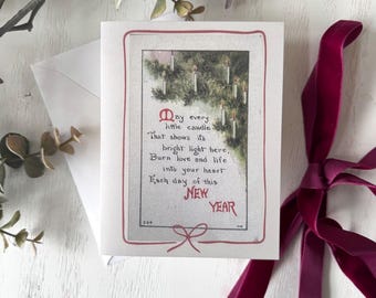 キャンドルライトの新年カード、ヴィンテージホリデーカード、クリスマス