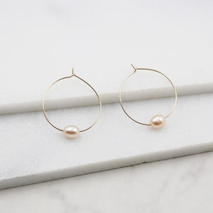 Small Pink Pearl and Gold Hoop Earrings, dangle, hoops, real pearls, bridal, wedding, beaded, classic, big hoop earrings, pastel, pink image 1