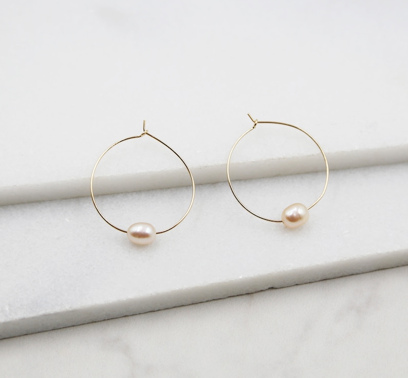 Small Pink Pearl and Gold Hoop Earrings, dangle, hoops, real pearls, bridal, wedding, beaded, classic, big hoop earrings, pastel, pink image 1