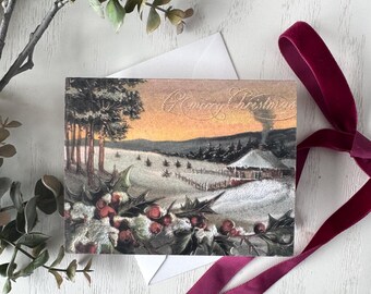 雪の森のヴィンテージクリスマスカード – 1902年のホリデーグリーティング