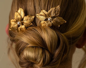 Set of Two Golden Leaf Pearl Combs – Bridal Hair Accessories, Wedding Updo Adornment