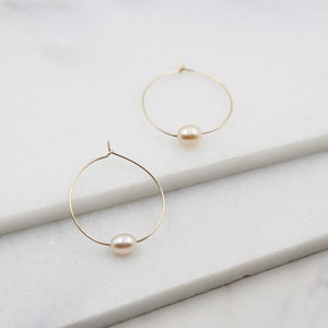 Small Pink Pearl and Gold Hoop Earrings, dangle, hoops, real pearls, bridal, wedding, beaded, classic, big hoop earrings, pastel, pink image 2