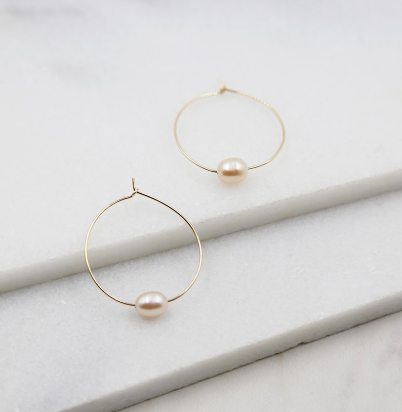 Small Pink Pearl and Gold Hoop Earrings, dangle, hoops, real pearls, bridal, wedding, beaded, classic, big hoop earrings, pastel, pink image 2