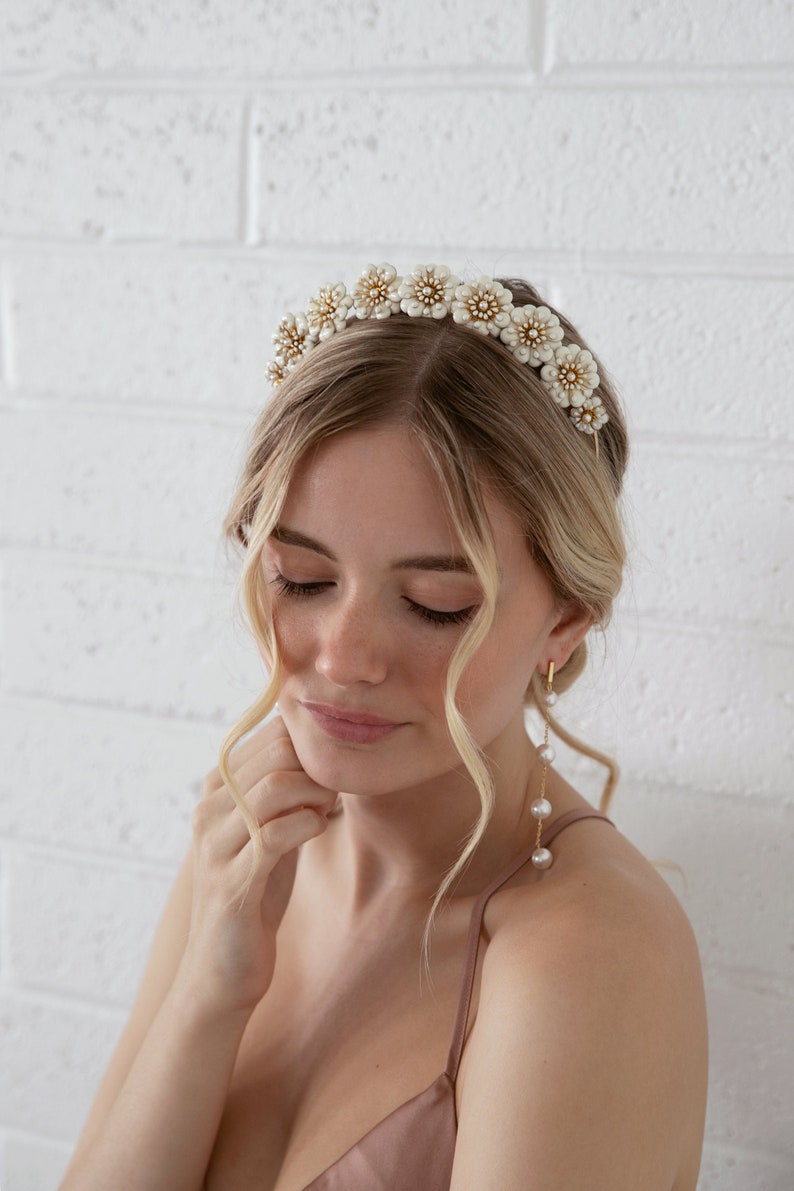 Muriel Gold and White Flower Crown Wedding Head Piece, Boho Hair Piece, Headband, Bridal, Hair accessory, statement crown, wedding tiara image 1