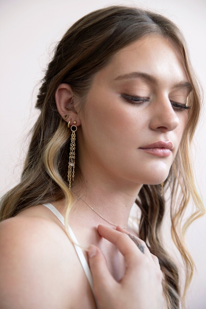 Bella Gold Chain Herkimer Diamond Fringe Earrings, gold, dangle earrings, dainty gold jewelry, minimalist jewelry, drops, chandeliers image 1