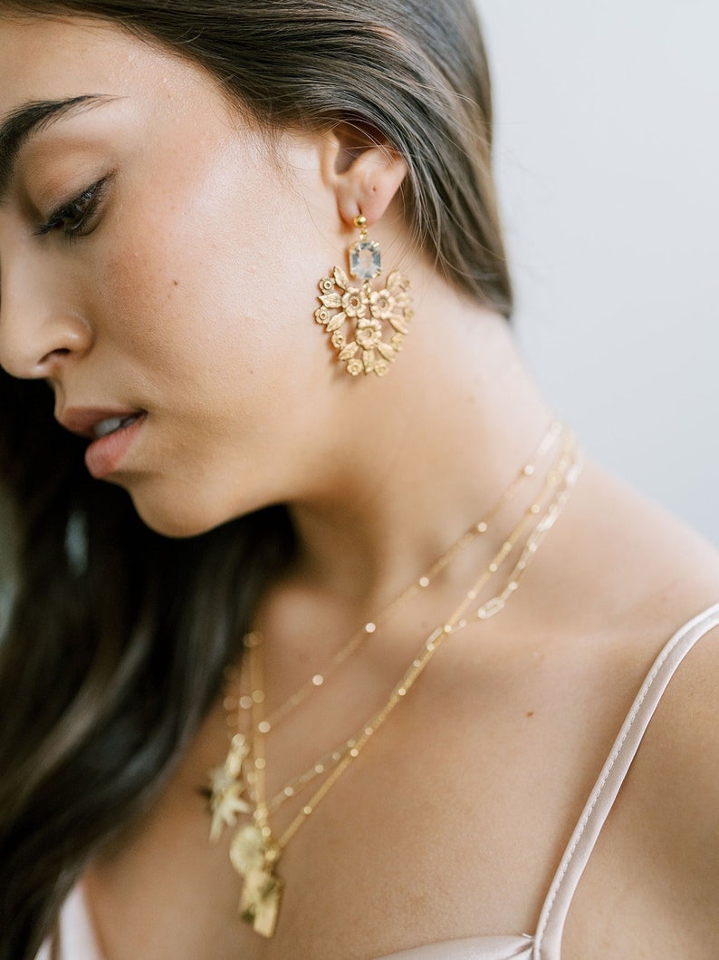 Lace Flower Statement Earrings, gold earrings, bridal earrings, jewelry, bridesmaid gift, wedding jewelry, drops, chandeliers, flower image 1