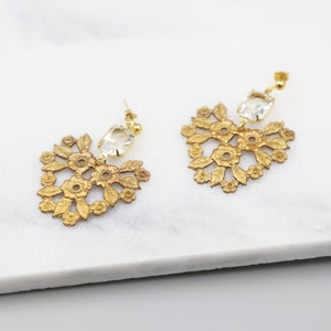 Lace Flower Statement Earrings, gold earrings, bridal earrings, jewelry, bridesmaid gift, wedding jewelry, drops, chandeliers, flower image 3