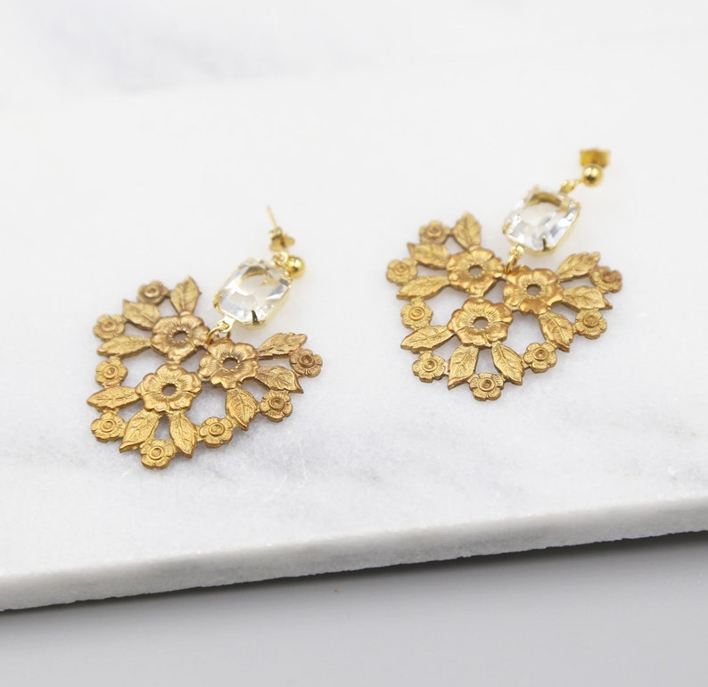 Lace Flower Statement Earrings, gold earrings, bridal earrings, jewelry, bridesmaid gift, wedding jewelry, drops, chandeliers, flower image 3