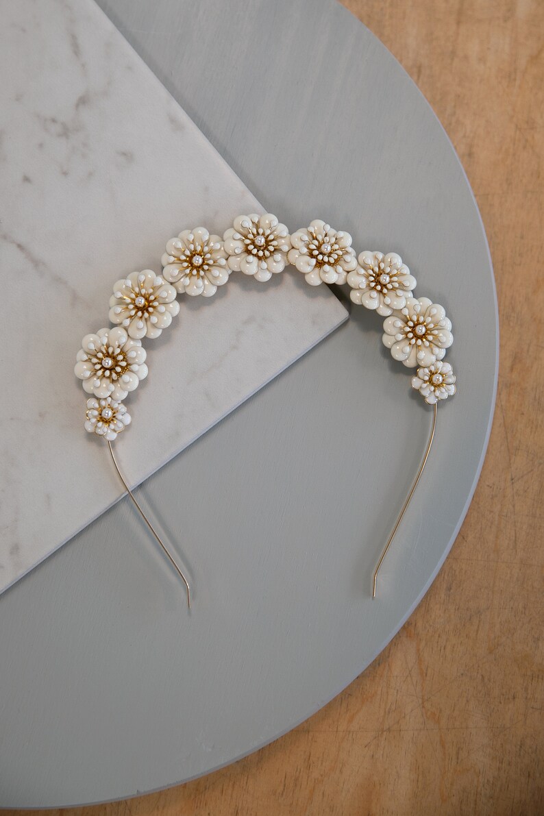 Muriel Gold and White Flower Crown Wedding Head Piece, Boho Hair Piece, Headband, Bridal, Hair accessory, statement crown, wedding tiara image 7