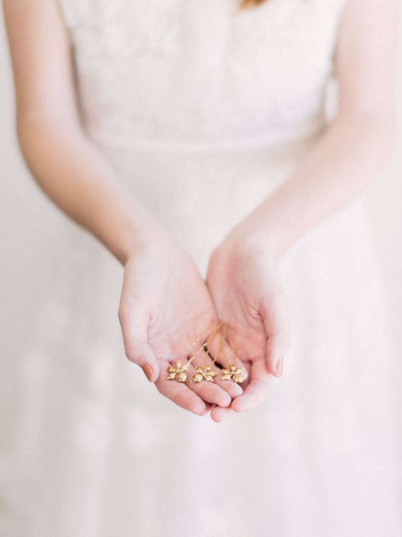 Little Blossom Hair Pins, Gold Flower hair pins, hair sticks, hair piece, Bridal Hair Pins, Wedding Hair Pins, pins, Bridal Hair Accessories image 2