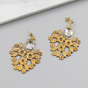 Lace Flower Statement Earrings, gold earrings, bridal earrings, jewelry, bridesmaid gift, wedding jewelry, drops, chandeliers, flower image 4